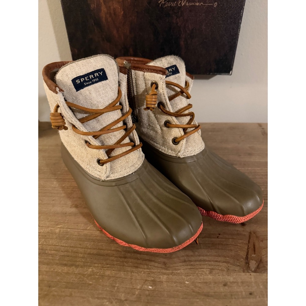 Sperry Saltwater Duck Boots Olive Oatmeal Canvas Ankle Rain Boots Women's 6 - Picture 1 of 5